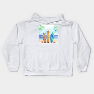 Watercolor surfboard scene Kids Hoodie